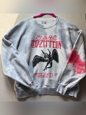 Led Zeppelin Distressed Graphic Crewneck Sweatshirt - Light Gray with Red Print
